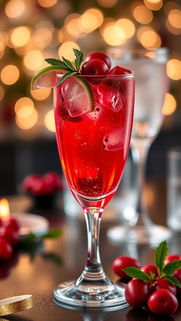 A refreshing cranberry vodka spritzer in a stylish glass, garnished with cranberries and lime, against a festive background.